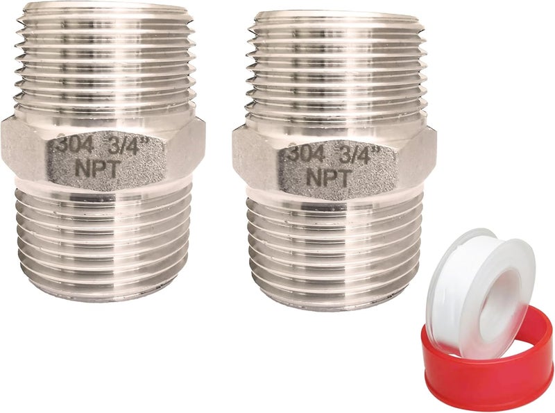 POTONZ 3/4" Male x 3/4" Male NPT Threaded Hex Nipple Pipe Fittings 304 Stainless Steel Pipe Adapter Fittings Equal Nipples Connectors With Teflon Plumbers Tape (Pack of 2) - Image 1